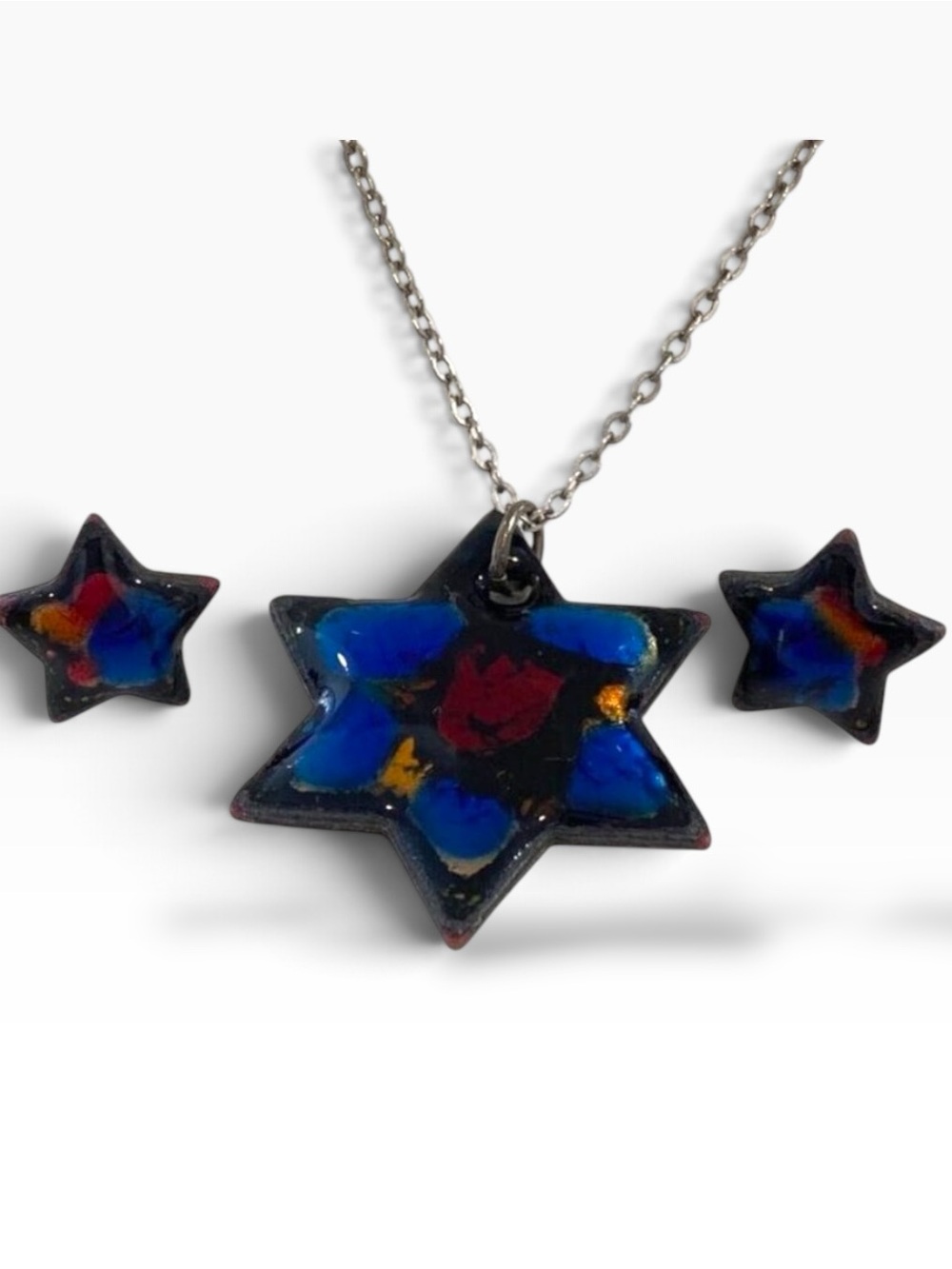 Vintage Ecco Sterling Star-Shaped Enamel Pendant Necklace & Earrings Set With Ha